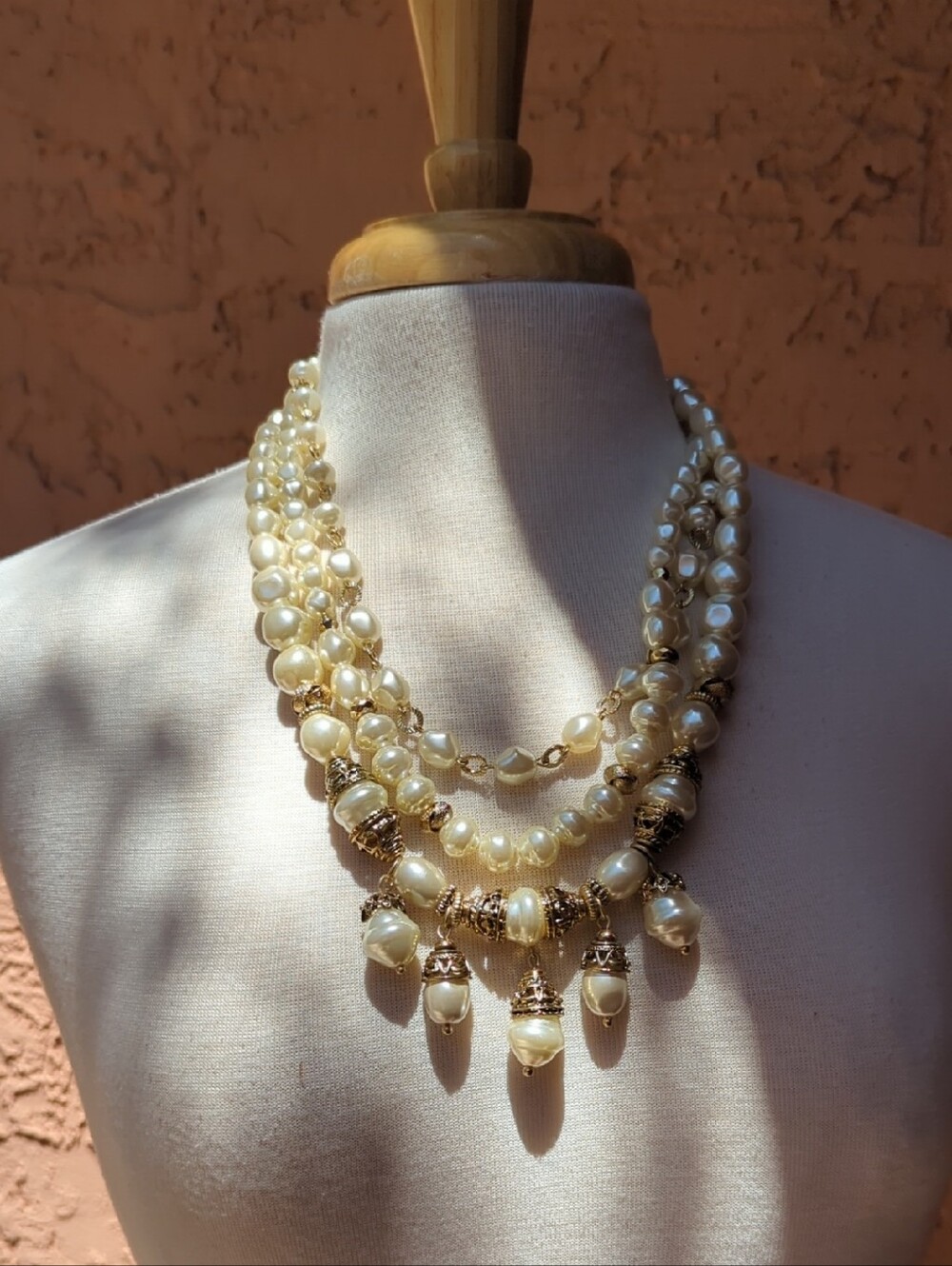 Chico's Cream Pearl and Gold Multi-Strand Statement Necklace